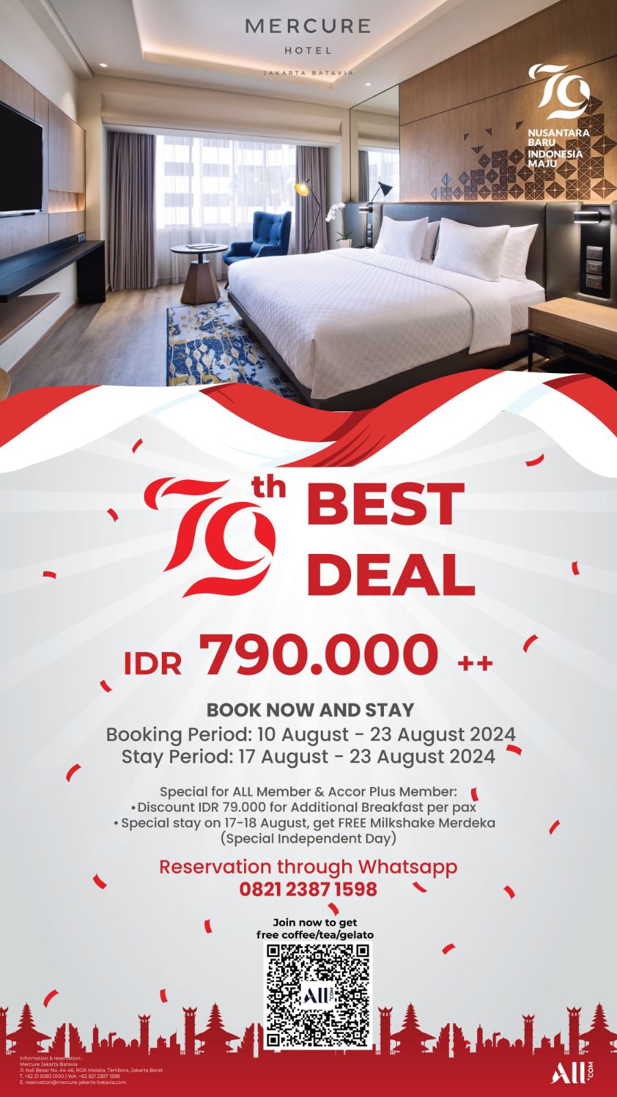 Mercure Jakarta Batavia menawarkan “79th Best Deal” sebuah penawaran menginap di hotel Accor bintang empat dengan gaya klasik khas Kota Tua Jakarta
